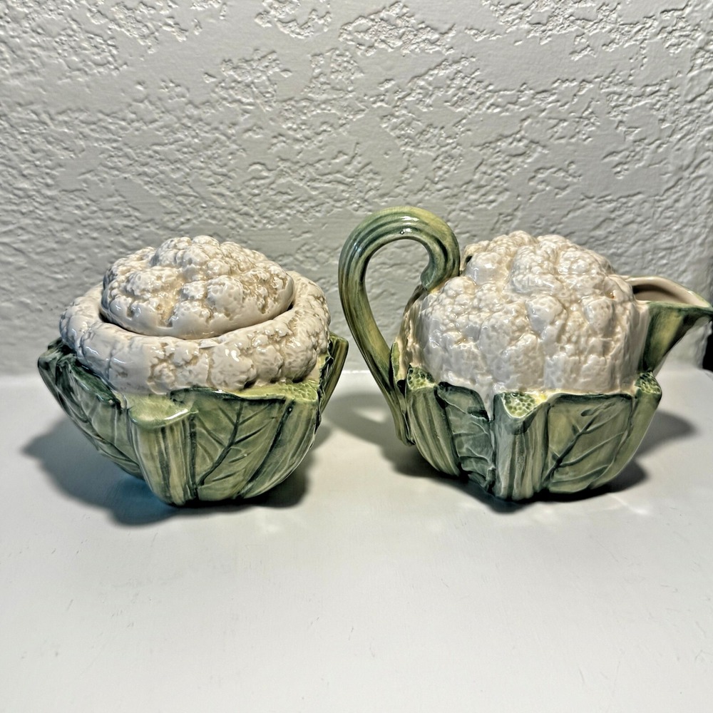 Vintage Collectible 1989 Fitx & Floyd Majolica‎ Cauliflower Cream & Sugar Japan